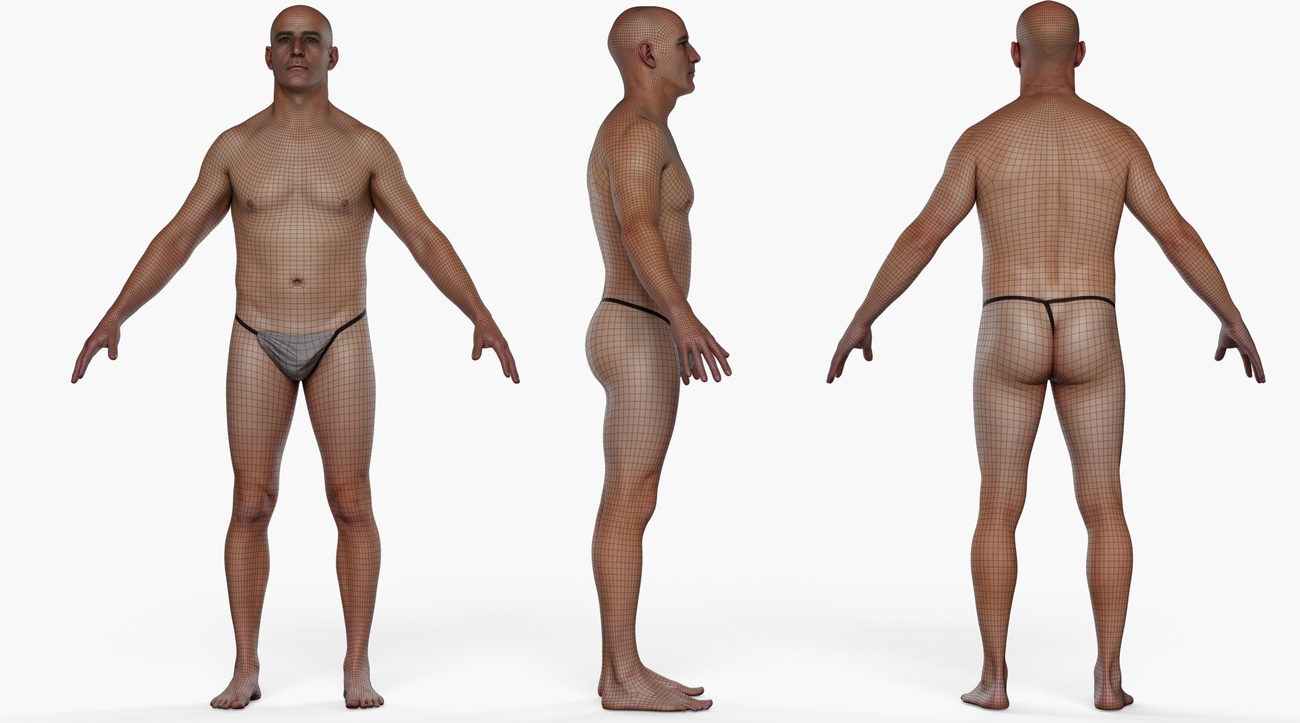 Wireframe topology overlay on a full body male 3D scan showing clean quad edge loops across the entire figure